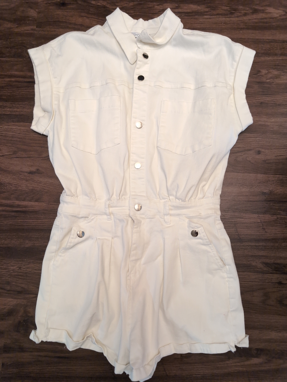 Fashion Nova Cream Short Sleeve Button-Front Romper